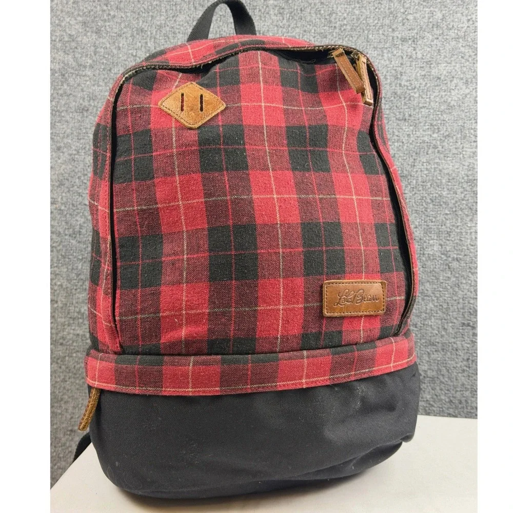 Vintage LL Bean Buffalo Plaid Backpack Red Black Wool Canvas Laptop Daypack EUC